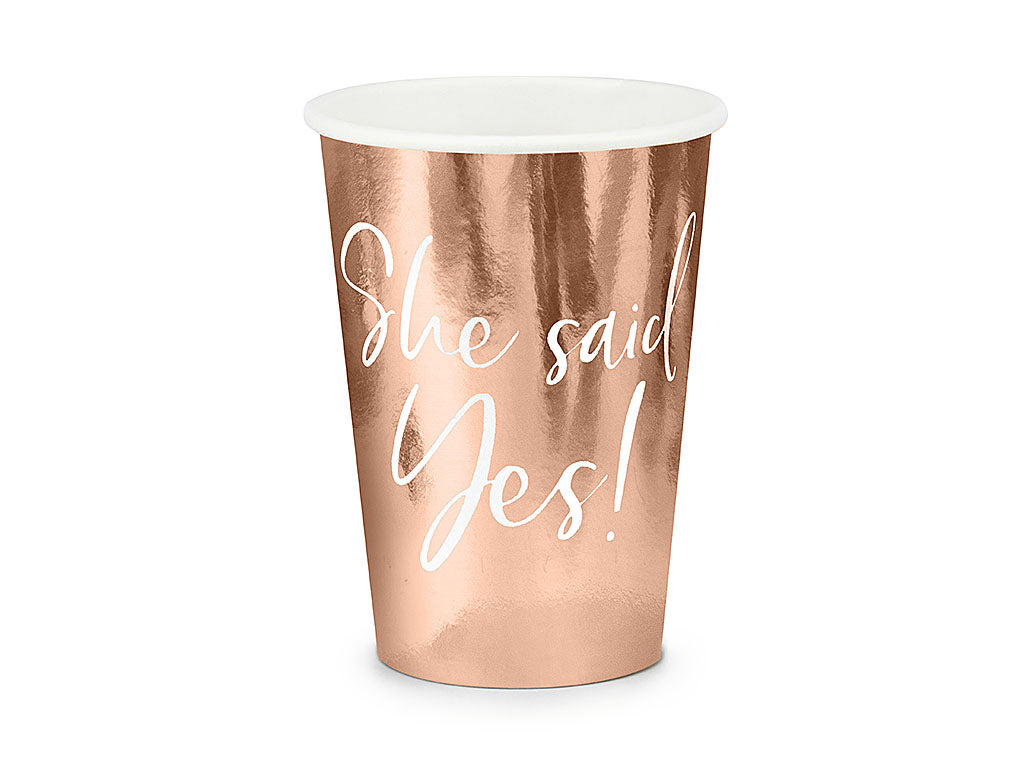 Becher, Pappe, roségold, glänzend, mit Druck "She said yes!", 220 ml, Ø 7 cm